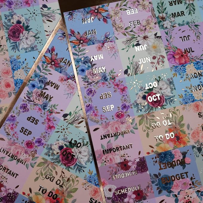 UPAFEXXI-Laminated Planner Monthly Tabs, 72 Stickers in Total(Floral) | 24 Month,24 Subject,24 Blank,Calendar Monthly Label Stickers for Planners, Subject Label Adhesive Tabs for Folders, Pages