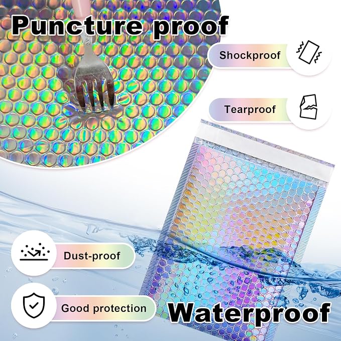 6x9" 50 Pack Holographic Bubble Mailers Shipping Bags | Waterproof Self Seal Adhesive Foil Glitter Glamour Shipping Bags for Mailing Packing, Small Business, Jewelry Makeup Supplies