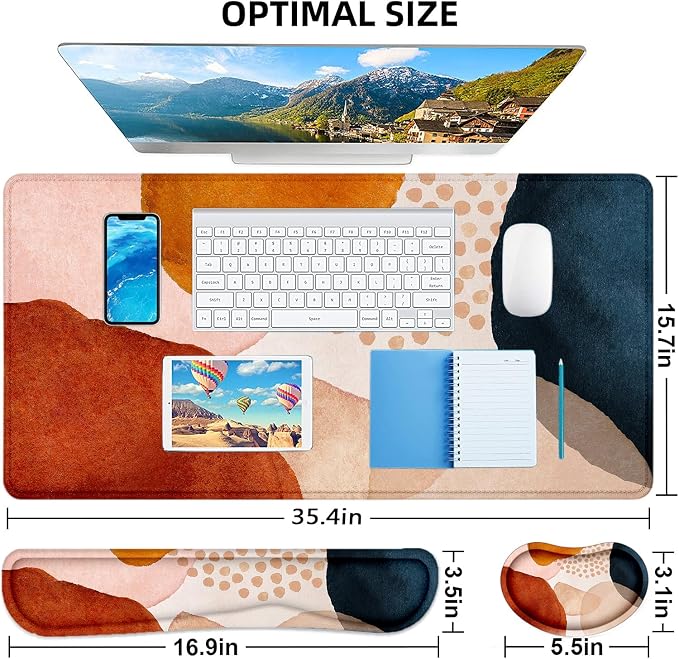 Large Mouse Pad with Wrist Rest, 4-in-1 Wrist Rest for Keyboard and Mouse | Non-Slip Waterproof Desk Mat Set, 35.4"x15.7" Desk Mat+Keyboard Wrist Rest+Mouse Wrist Support+Cup Coaster for Home Office