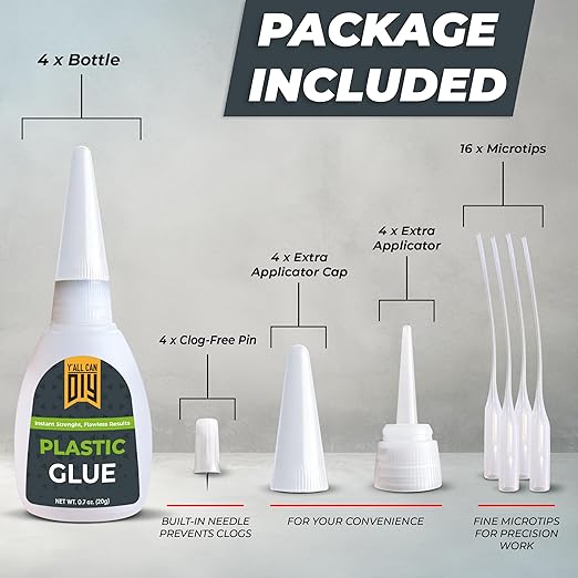 Plastic Glue for Models, Miniatures, Legos, PLA & 3D Printing Repair – Fast Setting Heavy Duty Strong Super Glue for Plastic 20g (4 Pack)