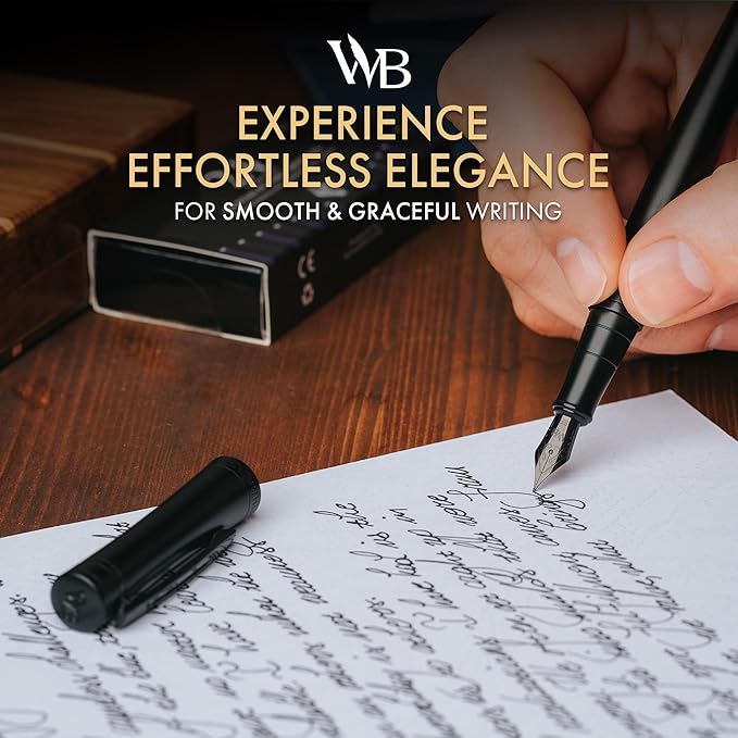 Wordsworth & Black Fountain Pen Set for Writing, Extra Fine Nib, All Black | Gift for Men & Women, Brass Body, German Iridium, Calligraphy, Converter + 24 Ink Cartridges, Refillable, Leak-Free