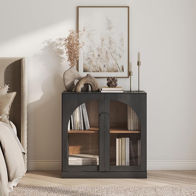 BELLEZE 2 Tier Bookshelf with Arched Glass Door, Modern Display Bookcase Shelf with Storage and Adjustable Shelves, Wood Bookshelves for Living Room Office Entryway (Ebony)