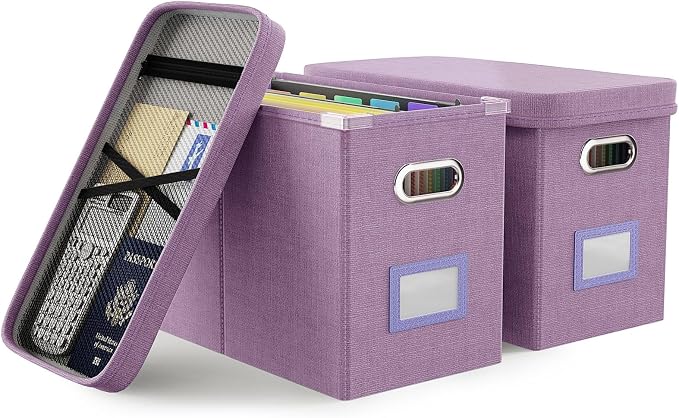 File Organizer With Lid, Hanging Filing Box With Mesh Pocket, Document Organizer for Letter Files, Portable Storage for Office & Home (2 PCS, Taro Purple)