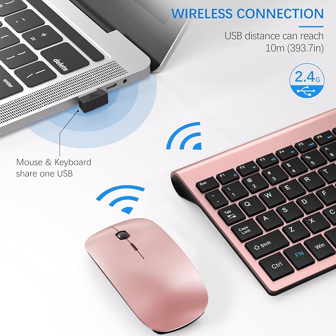 Wireless Keyboard and Mouse Ultra Slim Combo, TopMate - Rose Gold Black | 2.4G Silent Compact 2400DPI Mouse and Scissor Switch Keyboard Set with Cover, Batteries Included, for PC/Laptop/Windows/Mac