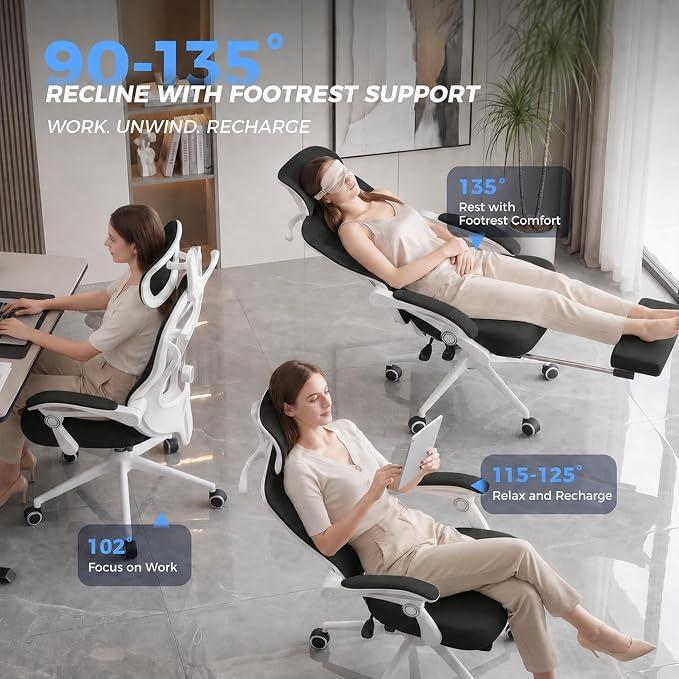 CYKOV Ergonomic Office Chair with Footrest - Adjustable Lumbar Support & Headrest, 90-135° Reclining Mesh Back Computer Chair - Home Office/Gaming, 350lbs Capacity | 4-Way Headrest (4.72" + 60°), 2-Way Lumbar (2" + 1.18"), 90-135° Recline, Breathable M...