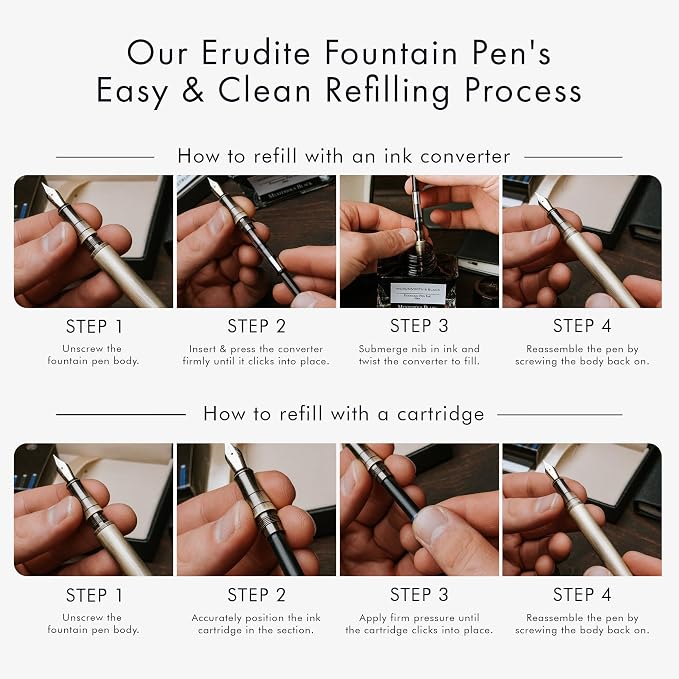Wordsworth & Black Luxury Fountain Pen Set for Writing, Medium Nib, Silver | Gift for Men & Women, Brass Body, 18K German Iridium, Calligraphy, Converter + 24 Ink Cartridges, Refillable, Leak-Free