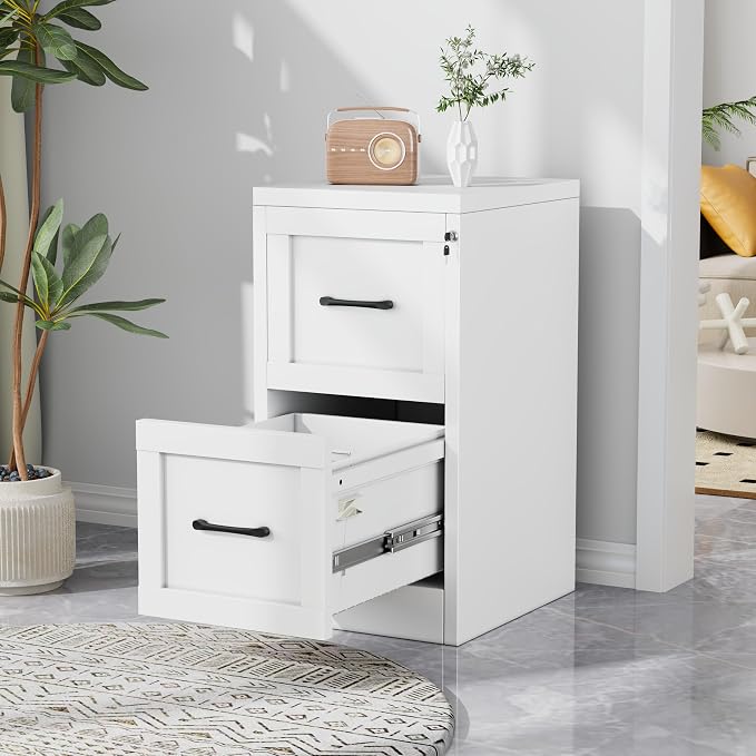 2-Drawer Metal File Cabinet with Lock, Narrow Vertical, White | Metal vertical filing cabinet with adjustable rails for Letter, Legal and A4 folders; one lock secures both drawers