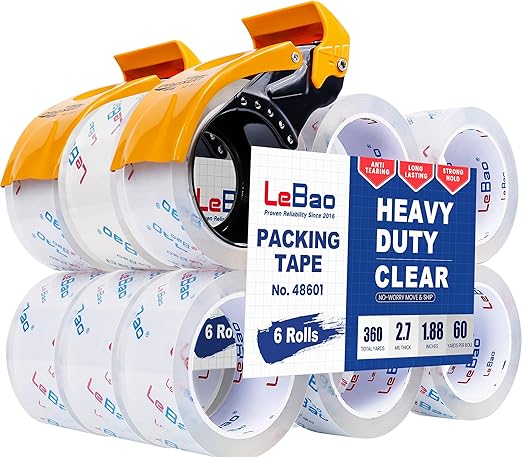 Heavy Duty Packing Tape with Dispenser, Strong HD Clear Packaging Tape, 18 Rolls 1.88 in. x 60 yd. x 2.7MiL, Secure Sealing for Cardboard Moving Boxes Shipping Supplies