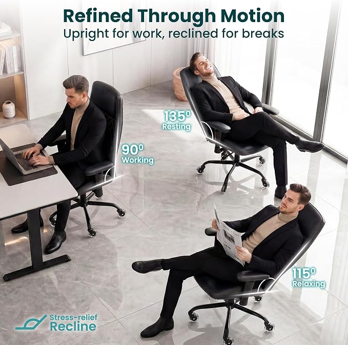 NEO CHAIR Leather Office Chair with Ergonomic Design, Executive Chair Black | Computer Desk Chair with Lumbar Support, Adjustable Height Arms, Comfy Home Office Chair, Smooth Rolling and Swivel Design
