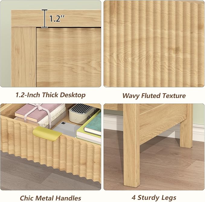 39 Inch Small Fluted Computer Desk with 2 Drawers for Bedroom, Home Office | Small Computer Desk with Storage, Compact Writing Study Desk for Small Spaces, Oak