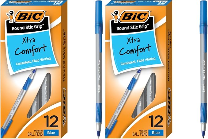 BIC Round Stic Grip Xtra Comfort Blue Ballpoint Pens, Medium Point (1.2mm), Excellent Writing Pens With Soft Grip for Superb Comfort and Control, 12 Count (Pack of 2)