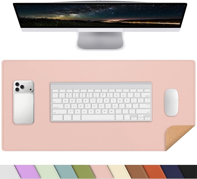 AFIING Leather Desk Pad Protector, Pink, 23.6" x 13.7" | Large Mouse Pad, Dual-Sided PU Leather ,Non-Slip, Waterproof, For Office and Home