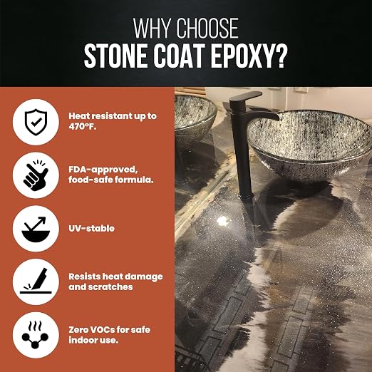 Stone Coat Countertops Epoxy Resin Kit for Countertops, Bar Tops, 1/2 Gal | UV, Scratch & Heat Resistant, Food Safe for Kitchen Countertop, Tabletop, Shower Walls, Bar Top, & Art Craft Projects