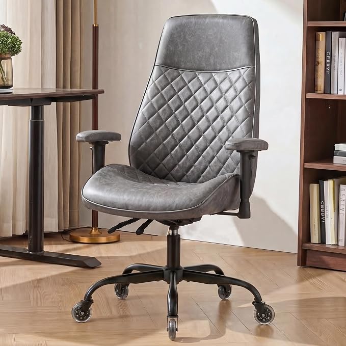 NEO CHAIR Leather Office Chair with Ergonomic Design, Executive Chair Grey | Computer Desk Chair with Lumbar Support, Adjustable Height Arms, Comfy Home Office Chair, Smooth Rolling and Swivel Design