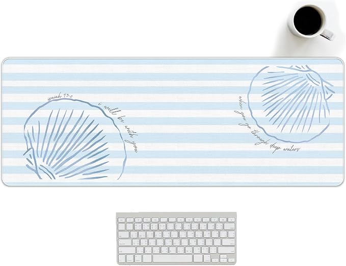 Beach Coastal Desk Mat Summer Blue Mouse Pad Large 31.5x11.8 | Christian Desktop Mats For Desk, Blue And White Laptop Keyboard Mat, Coastal Decor For Office Dorm,Christian Desk Mat