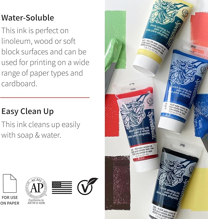 Speedball Water-Soluble Block Printing Ink Set – 4 Bold Colors With Satiny Finish - 1.25 FL OZ Tubes