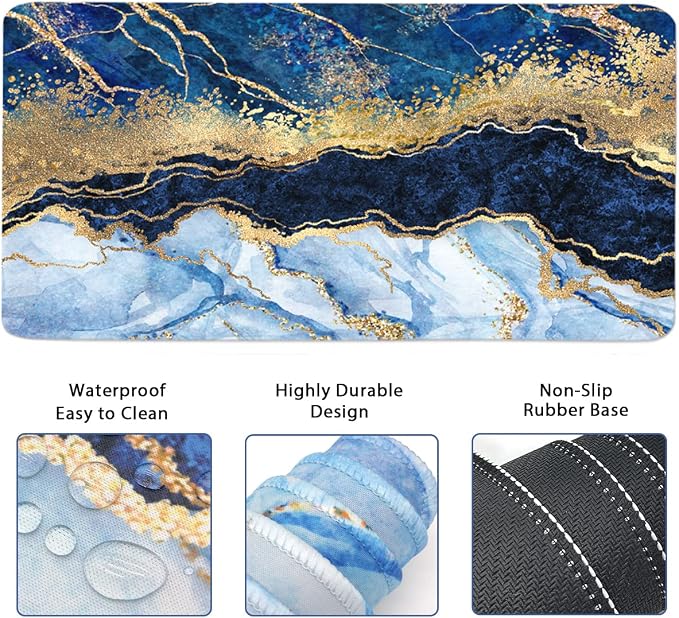 4-in-1 Large Gaming Mouse Pad, Keyboard Wrist Rest Pad & Wrist Support Mousepad Set, Extended Desk Pad Waterproof Desk Mat for Home Office Study Game - Blue Gold Marble
