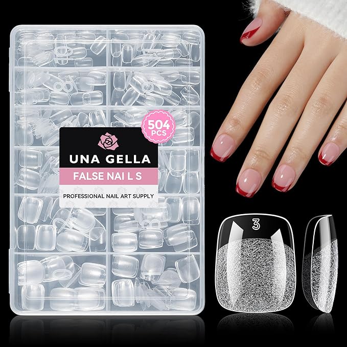 UNA GELLA Short Square Nail Tips 504PCS Pre Etched Extra Short Soft Gel Fake Nails Tips for Women DIY Squoval Press On Nails Extension French Style Salon Full Cover Acrylic Tips 12 Sizes