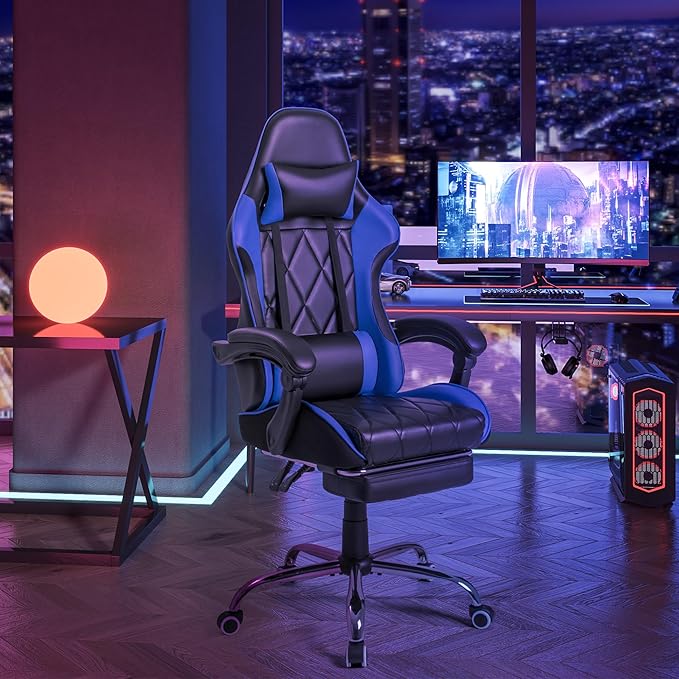 Homall Gaming Chair, Computer Chair with Footrest and Massage Lumbar Support, Ergonomic High Back Video Game Chair with Swivel Seat and Headrest (Blue)