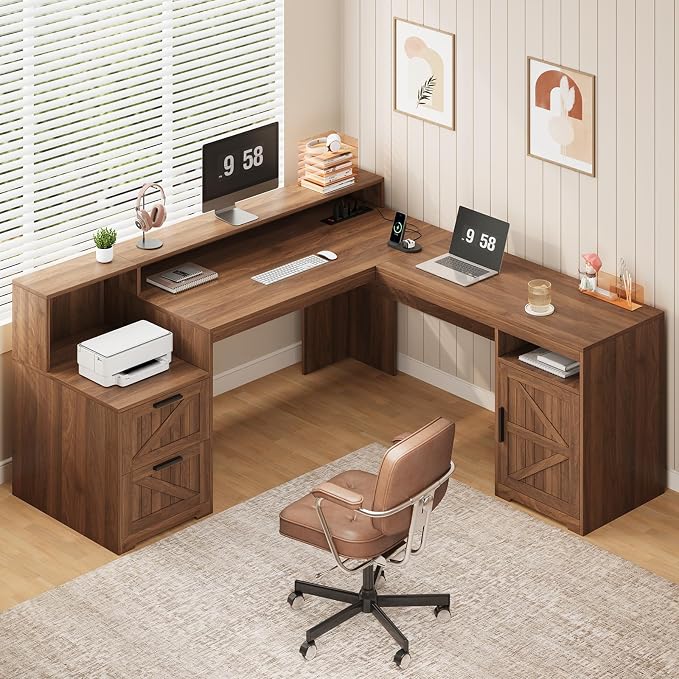 63" Farmhouse L Shaped Desk with Drawers & Printer Shelf for Home Office | Corner Computer Desk with Storage, Power Outlets, L Shaped Office Desk with Monitor Stand, Printer Shelf, Brown