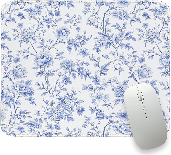 UTELKA Light Blue Floral Mouse Pad, Blue White Mousepad 10.2x8.2 | Blue And White Traval Mouse Pad, Flroal Desk Accessories, Aesthetic Mouse Pad, Chinoiserie Office Decor, Light Blue Desk Mat