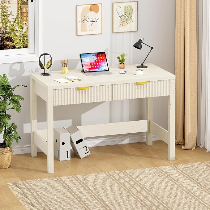 39 Inch Small Fluted Computer Desk with 2 Drawers for Bedroom, Home Office | Small Computer Desk with Storage for Bedroom, Compact Writing Study Desk for Small Spaces, White
