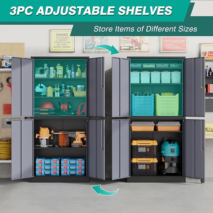 Metal Storage Cabinets with Doors and Shelves,71" Metal Garage Storage Cabinet with Lock,Gray Steel Cabinet with Locking Doors,4 Door Lockable Cabinets for Garage,Home,Office