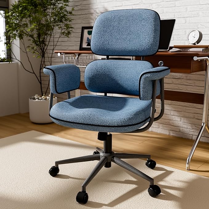 Blue Office Chair, Memory Foam Seat Mid Century Modern Desk Chair | 3.9" Sloped U-Shaped Memory Foam Cushion, Granular Linen Fabric, Lumbar Support, 1.2mm Sturdy Metal Tube, 400LBS Capacity