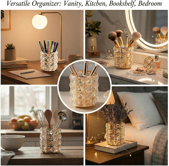 YAGELI Crystal Pen Holder for Desk, 3.58" Gold/Silver Pencil Cup | Crystal & metal base. Holds pens, pencils, makeup brushes, art supply. Easy to clean. Elegant decor for desk, vanity, office