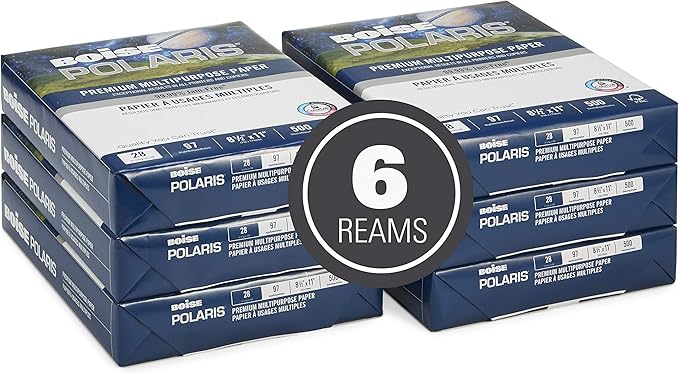 BOISE POLARIS Premium Multipurpose Copy Paper | 8.5" x 11" Letter | 97 Bright White, 28 lb. | 6 Ream Carton (3,000 Sheets)