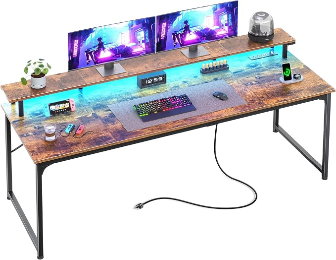63 inch Gaming Desk, LED & Outlets, Monitor Stand, Rustic Brown | Sturdy PC Desk for Home Office, Study & Work, LED Lights, 4 AC Outlets & USB-C Charging Station