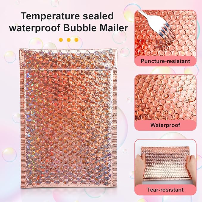 30Pcs Holographic Bubble Mailer,11x7In Cushion Envelope,Rose Gold | Metallic Mailing Envelopes Bubble Padded, Waterproof Self Sealing Poly Padded Envelope for Shipping Mailing Packing