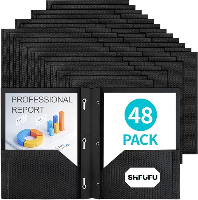 48 Pcs Textured Folders with Pockets and Prongs (Black),Fit Letter Size Paper,Business Card Slot,2-Pocket Folder for School Office or Home,Durable Acid-Free Poly,Back to School Supplies Bulk