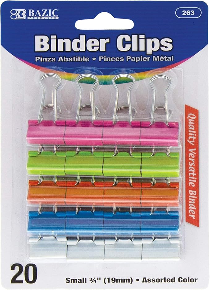 BAZIC Products Small 3/4" (19mm) Assorted Color Binder Clip (20/Pack), 263