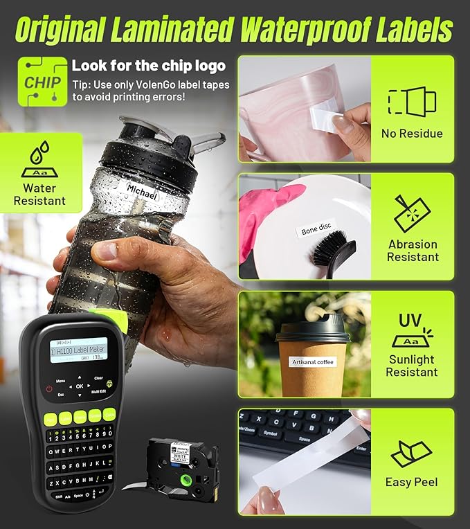 Label Maker Machine with 4 Tapes, Wire Label Maker Waterproof-Labels | Laminated Handheld Label Printer, Backlit & Portable & 3 Cable Mode, VolenGo H1100 Labeler for Industrial Office Organization
