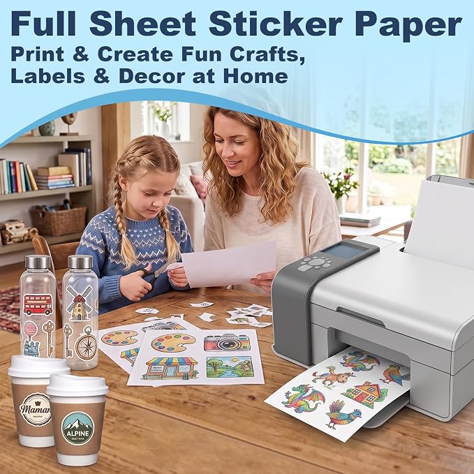 Printable Sticker Paper, 30 Sheets 8.5"x11", Printable Full Sheet Labels for Laser & Inkjet Printers, Shipping, Packaging, Signs, Mailing & Product Stickers, Adhesive Labels