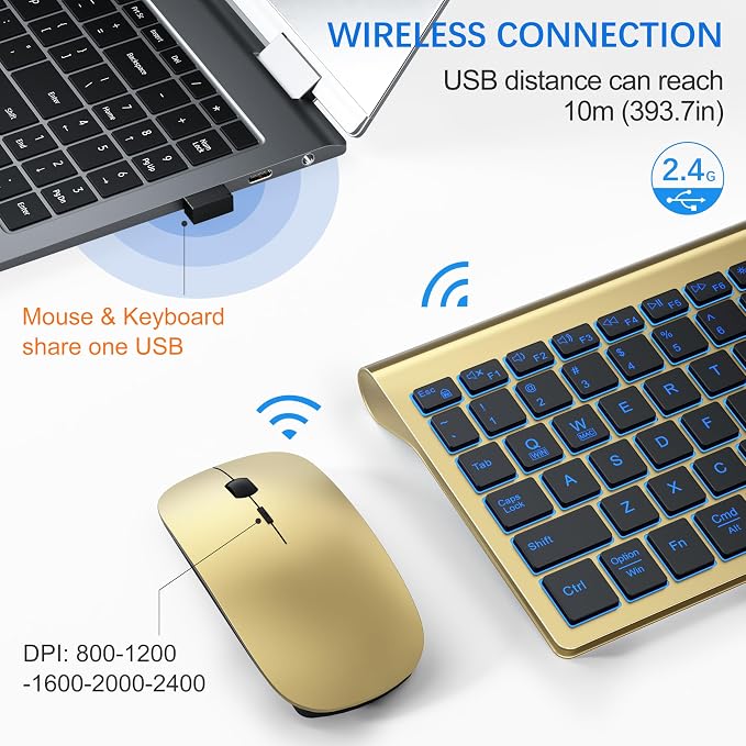 Wireless Backlit Keyboard and Mouse Ultra Slim Combo, TopMate - Gold Black | 2.4G Silent Compact 2400DPI Mouse and Scissor Switch Keyboard Set, Batteries Included, for PC/Laptop/Windows/Mac/Gaming