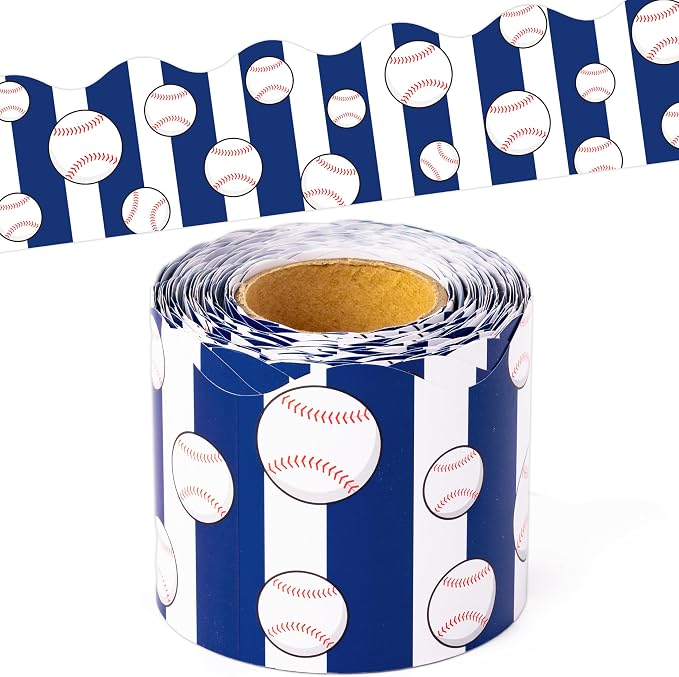 BeYumi Baseball Sport Border Trim - 65ft Back to School Baseball Sport Blue White Stripe Scalloped Rolled Border Trim Ball Sports Theme Bulletin Board Set Party School Classroom Chalkboard Wall Decor