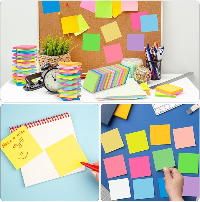 60 Pack Sticky Notes Bulk 3x3 Inch 12 Colors Self Stick Memo Pads | 75 Sheets Each, Bright Multicolor Notes, Smooth Writing, Classroom, Office Supplies, Planning, Reminders, Organization