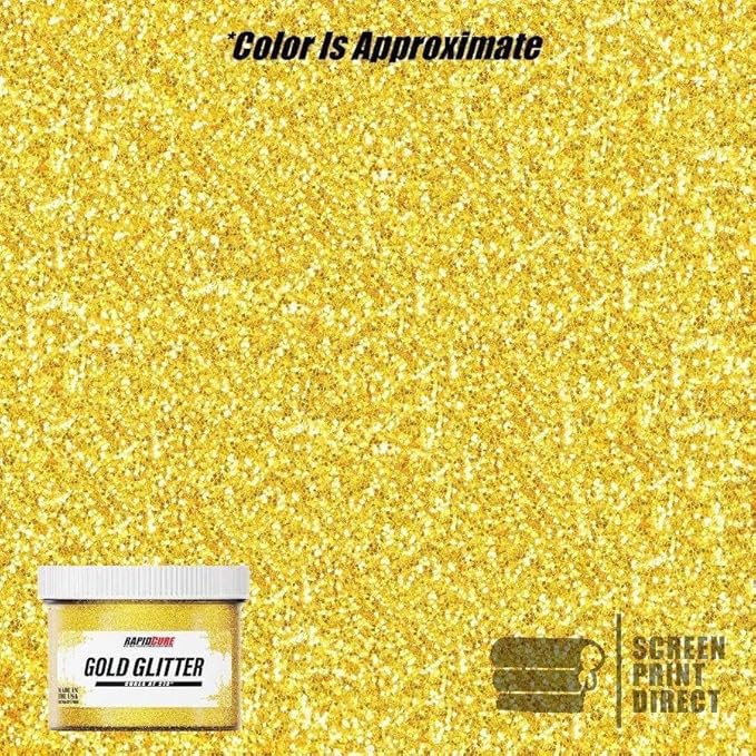 Rapid Cure® Screen Printing Ink Gold Glitter (8 oz.) - Plastisol Ink for Screen Printing Fabric - Low Temp. Curing Plastisol by Screen Print Direct - Gold Glitter Silk Screen Printing Ink