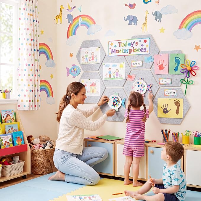 8-Pack Hexagon Felt Bulletin Board Tiles, Cork Board Alternative | For students and teachers creating vision boards in homes, offices, dorms or classrooms; includes 30 push pins.