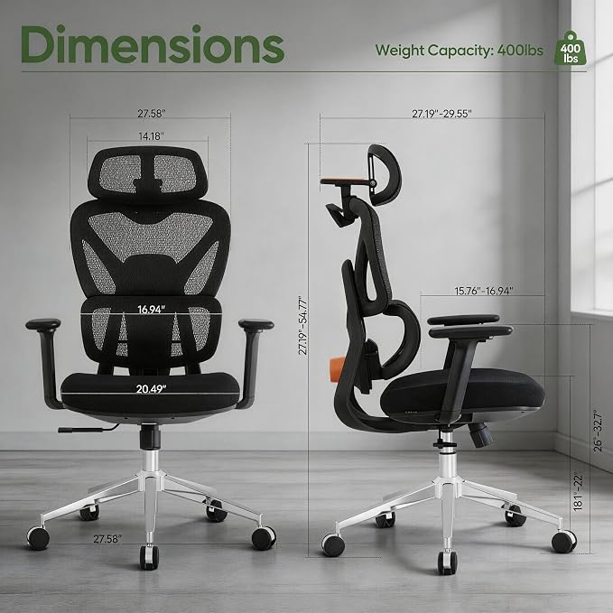 Ergonomic Mesh Office Chair, Desk Chairs with Adjustable Lumbar Support, 4D Flip-up Arms & 3D Headrest, Comfy High Back Breathable Mesh Computer Chair for Home Office, 400lbs (Black)