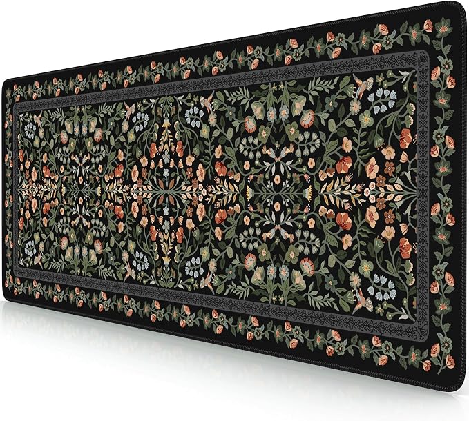 iCasso Aesthetic Floral Desk Mat,Retro Mouse Pads,31.5x11.8in, Black | Anti-Slip Mousepad with Stitched Edges, Waterproof Computer Pad, Desk Accessories Office Decor for Women