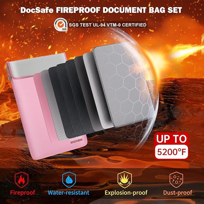 DocSafe Fireproof Document Bag (5200℉) with Fireproof Organizer Travel Case,Heat Insulated Fire＆Water Resistant 8 Layers Safe Money Bag Storage for Important Documents,Cash,Power Bank,Valuables,Pink