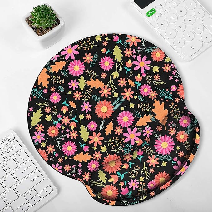 Ergonomic Mouse Pad with Wrist Rest, Small Mousepad with Non-Slip Rubber Base and Smooth Surface, Black Flowers Mouse Pads for Desk, Office Desk Accessories