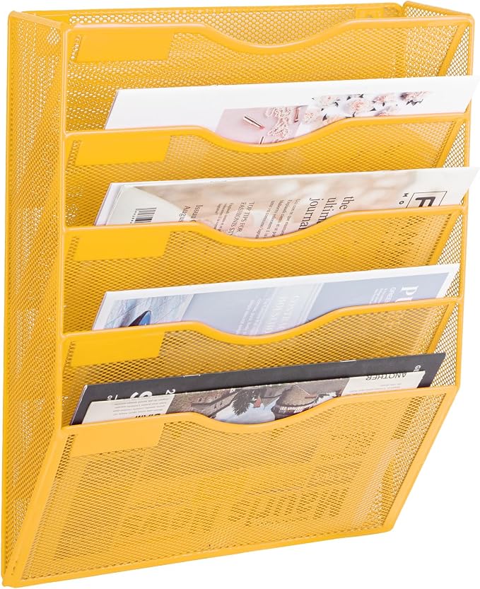 5 Pocket Mesh Hanging Wall File Organizer, Wall Mounted Mail Paper Document Folder Holder, Clipboard Storage Organization Magazine Rack with Nametag Label for Office Home School, Yellow