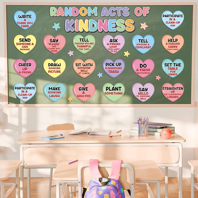 Random Acts of Heart Kindness Bulletin Board Set Colorful Motivational Classroom Decoration Sweet Candy Heart Kind Challenge Cutouts for Back to School Office Home Chalkboard Decor Wall Door