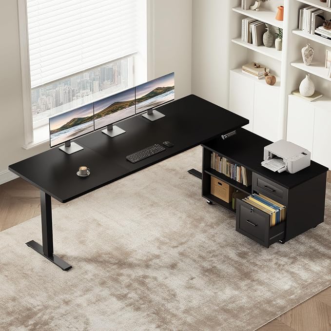 63 Inch L Shaped Electric Standing Desk with Cabinet Sets, Black | Mobile Drawers & File Cabinet Sets for Flexible Layout, Height Adjustable Executive Stand Up Desk for Home Office Workstation