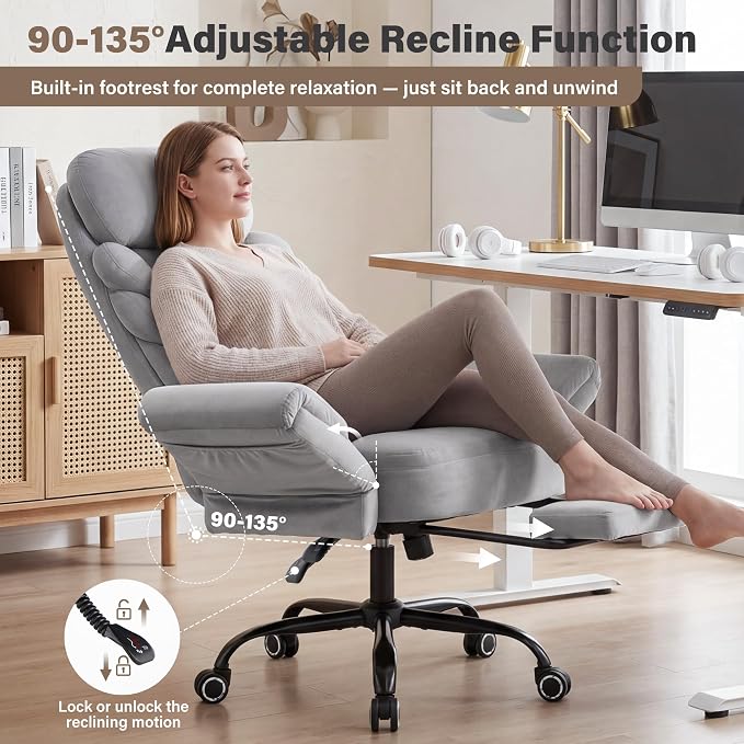 Big and Tall Office Chair, Reclining High Back Criss Cross Desk Chair | Footrest, Foldable Arms, Soft Wide Pet Seat, Thick Padded, Cross Legged Home Office Large Ergonomic Computer Chair