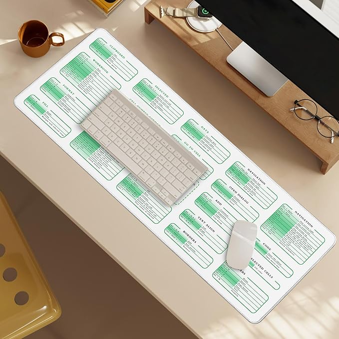 White Excel Cheat Sheet Desk Pad, 31.5"x11.8", Waterproof Extra Large Excel Shortcut Mat with Stitched Edges, Anti-Slip Excel Mouse Pad for Office Desk, MS Excel/Word Shortcuts (White Excel)